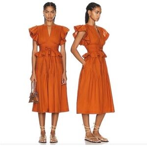 Ulla Johnson Florence Poplin Flutter Sleeve Midi Dress NWOT Size 6 Orange